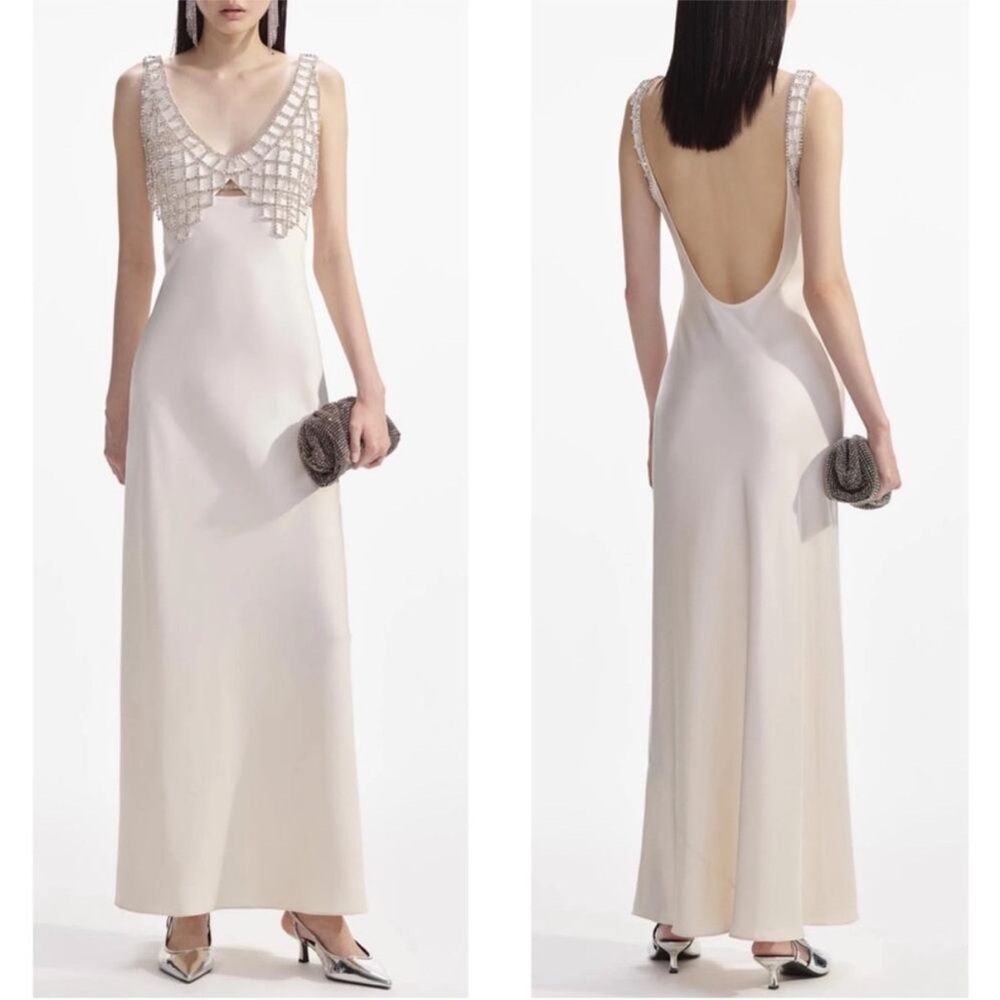 Self-Portrait Cream Satin Diamanté Crystal Embellished Bralette Maxi Dress Sz 6